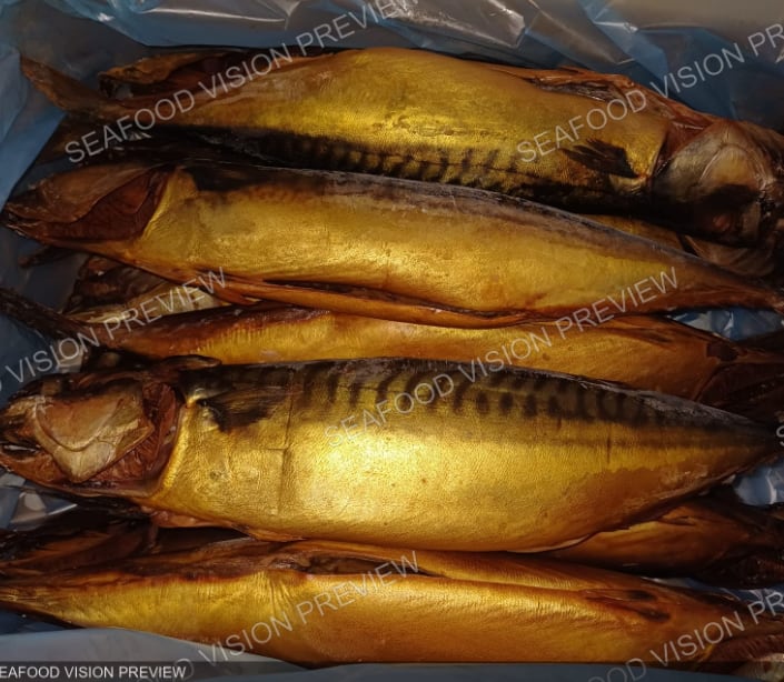 Golden smoked mackerel laid in rows in a box